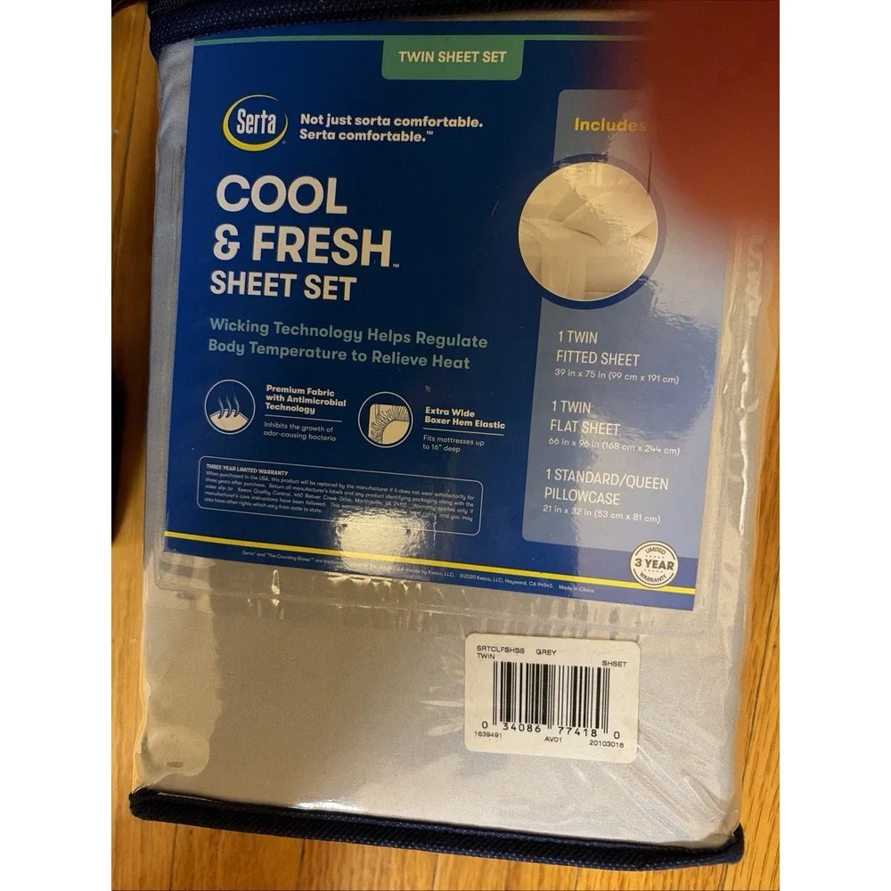 Serta Cool & Fresh Twin Bedsheet Gray - Flat Fitted Pillowcase